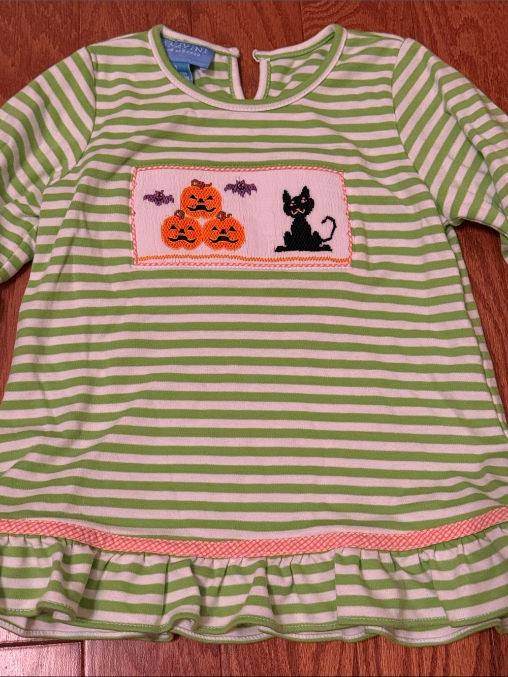 Green Striped Smocked Halloween Cat & Pumpkins Tunic Top 3